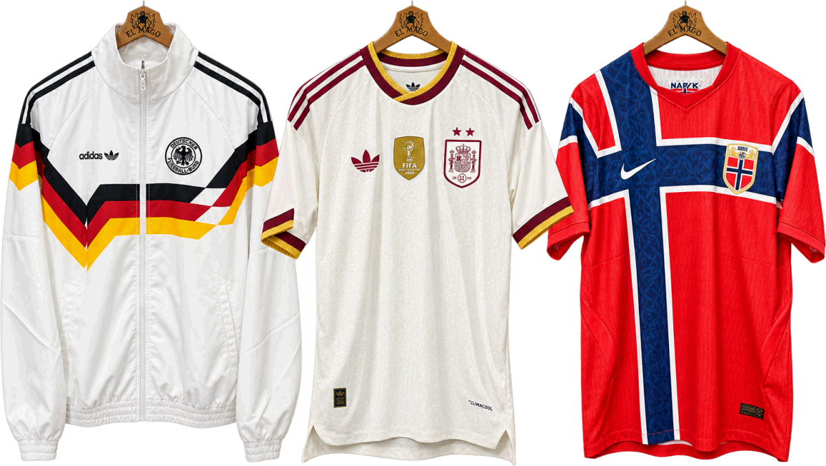 Campera retro de Alemania, camiseta suplente de Espana 2026 y camiseta de Noruega